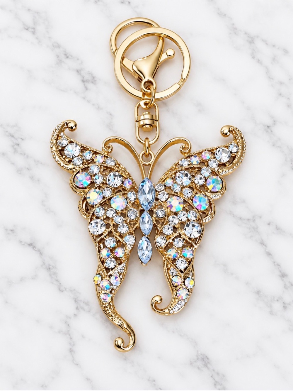 Large white Crystal Butterfly Bag Charm/Keyring-Gold Tone Hardware